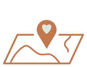 A map in perspective with two coastlines entering from its edges and a pin marking a heart