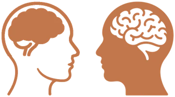 Two heads in profile facing each other: one outlined with a filled brain, one filled with an outlined brain