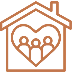 Three family figures inside a heart, under the outline of a house roof