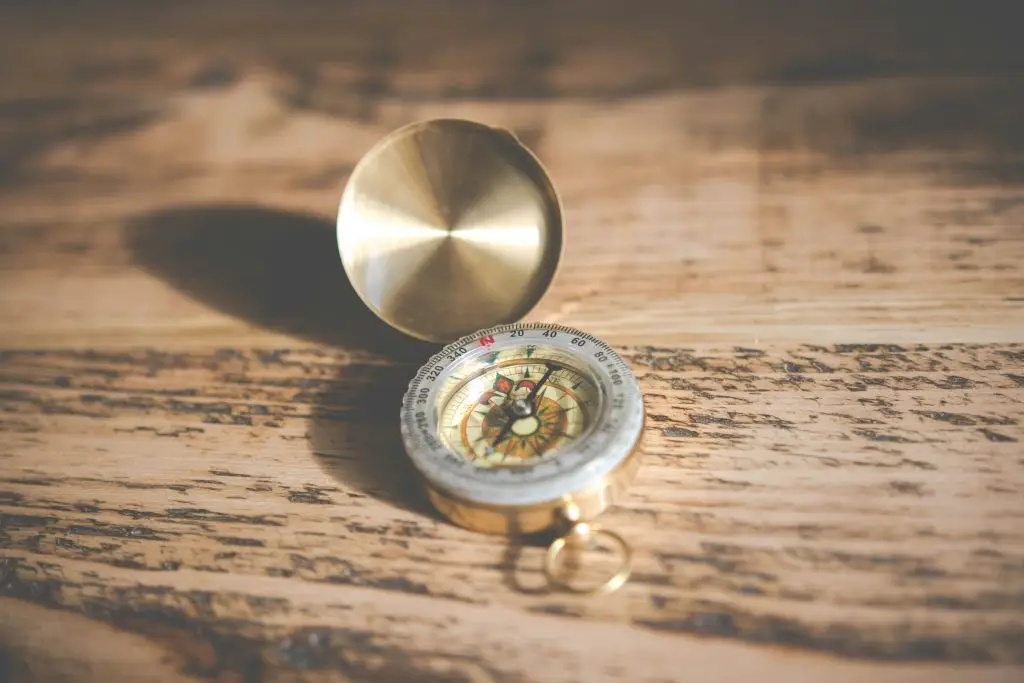 A close-up of a compass pointing north, representing guidance and the journey of self-discovery.