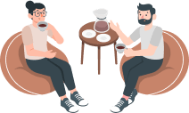 Two men having coffee and conversation at a café