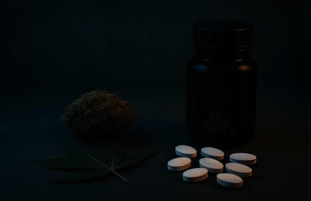 Moody photo of a cannabis leaf and flower beside SSRIs on a dark surface, visually representing the comparison between cannabis and SSRIs.