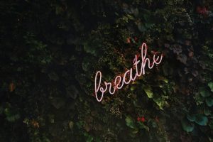 Neon sign displaying the word “breathe” as a visual cue for mindful breathing techniques for stress relief